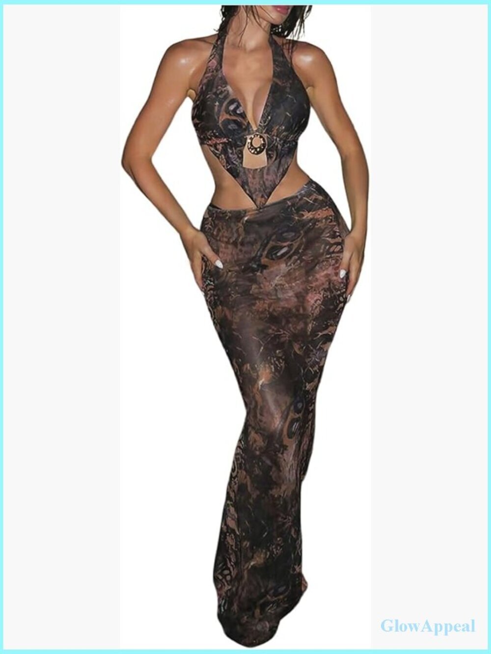 3 Piece Halter Bikini Set Thong Swimsuit with Cover Up Skirt Maxi Skirt